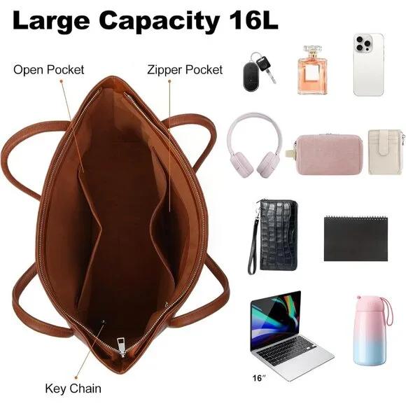 ✨Utenwat Women Brown Large Tote Bag with Zipper Vegan Leather Purse and Handbag